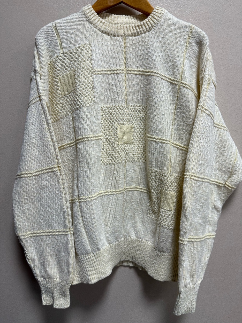 Vintage 90s Cream Yellow Textured Patchwork Knit Sweater Cottagecore Grandpa